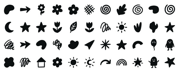 Abstract doodle shape icon set, stars flowers arrows moons and organic decorative symbols isolated on transparent background © Yehor