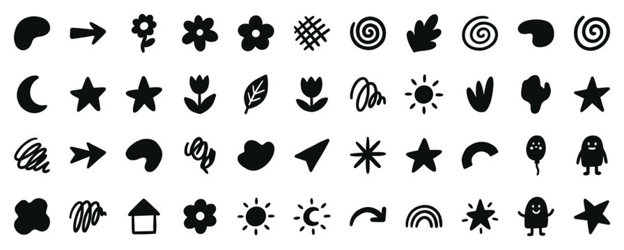 Abstract doodle shape icon set, stars flowers arrows moons and organic decorative symbols isolated on transparent background
