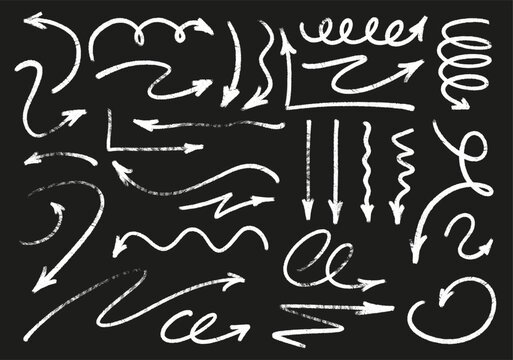 Hand drawn chalk and charcoal arrows. Rough sketchy direction symbols with grunge pastel pencil texture. White doodle arrows and scribble pointer elements on black chalkboard background