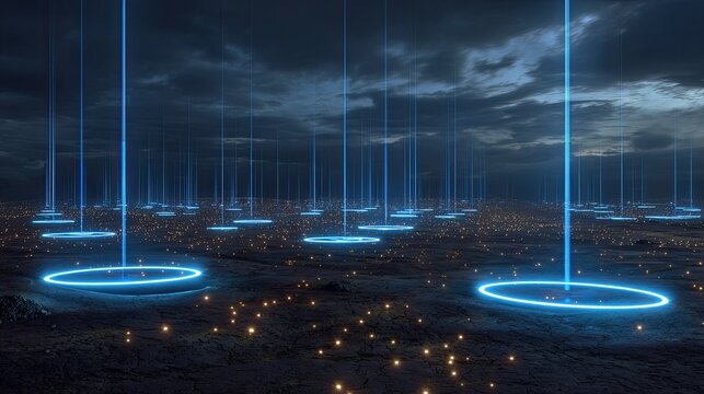 Futuristic landscape with glowing blue beams emerging from circular bases