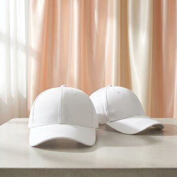 Two blank white baseball caps displayed on a tabletop against a soft fabric backdrop