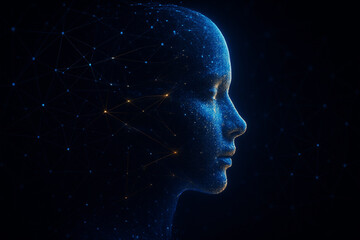 Obraz premium Futuristic Artificial Intelligence Human Face with Digital Network Connections and Blue Cyber Technology Background