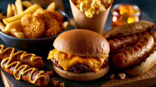Appetitlicher Cheeseburger, Hotdog, Chicken Nuggets, Pommes und Popcorn auf dunklem Hintergrund.