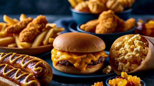 Appetitlicher Cheeseburger, Hotdog, Chicken Nuggets, Pommes und Popcorn auf dunklem Hintergrund.