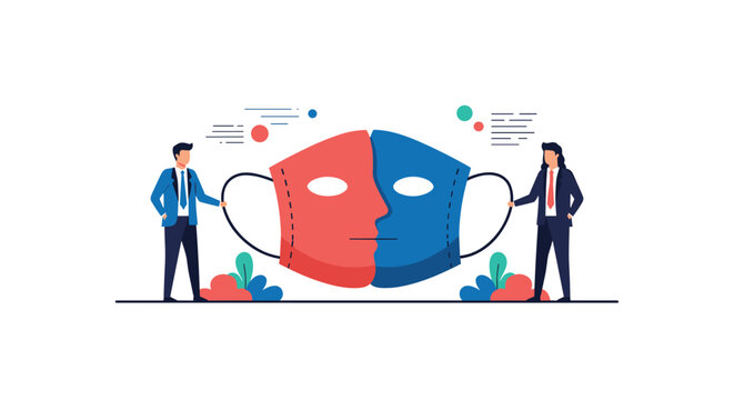 Two professionals holding two different halves of a large red and blue theater mask representing dual personality.