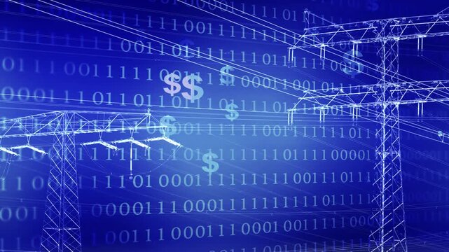 hight-voltage towers, binary code and dollar signs isolated on dark blue background, digitalization and the costs of the power grid, symbolic concept for black out, technology and pricing