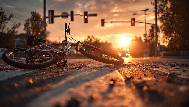 Abandoned Bicycle Lies on Road During Sunset.