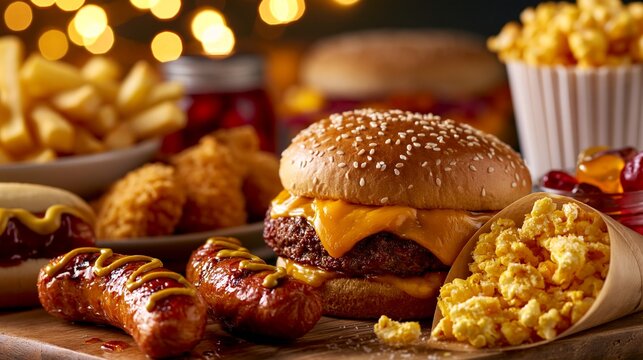 Appetitlich angerichtete Fast-Food-Mahlzeit mit Cheeseburger, W&uuml;rstchen, Popcorn und Pommes vor warmem Bokeh-Hintergrund.