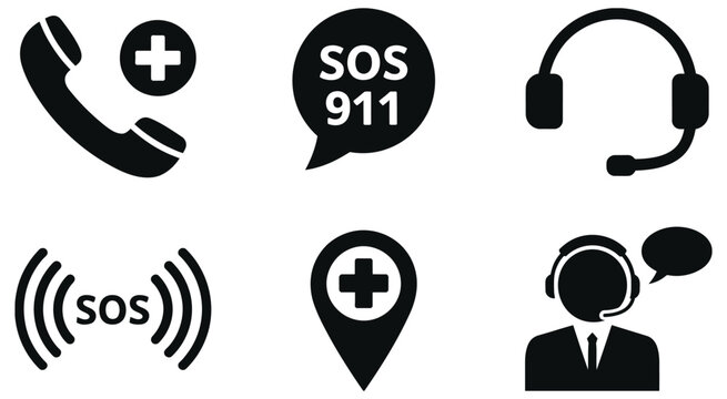 Emergency call medical service and dispatcher icons set for help and support applications vector, urgent assistance symbols collection, ambulance hotline and healthcare communication icons, clean 