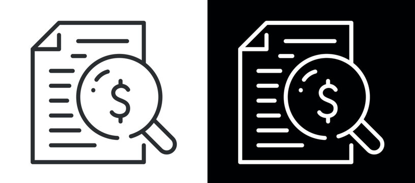Financial document analysis: icon of paper with magnifying glass and dollar symbol