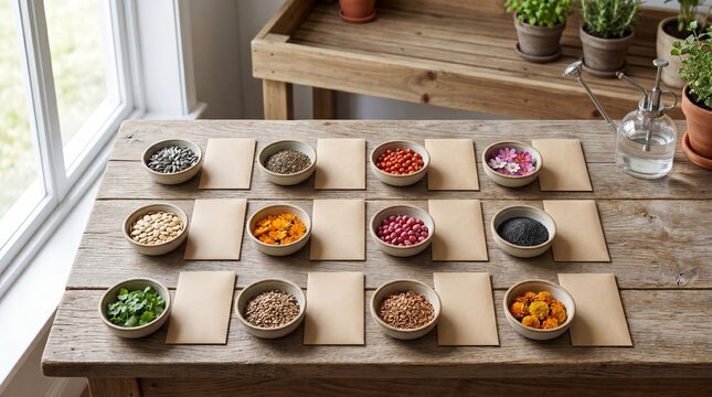 Flat lay assortment of seed packets and bowls with various seeds pulses and labels for planting seed saving organization on a wooden table