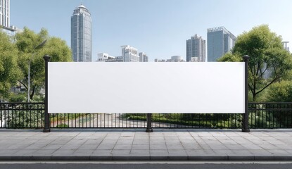 Obraz premium Blank banner on walkway with urban skyline and greenery backdrop