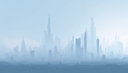 Naklejka premium Panoramic hazy cityscape with towering futuristic and classic architecture