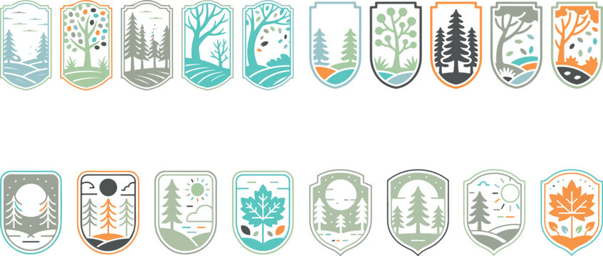 Collection of shield shaped labels with tree and landscape designs in various colors