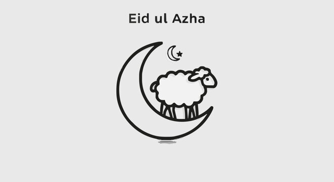 Eid ul Azha greeting featuring a sheep on a crescent moon with a star symbol, celebrating Islamic festival