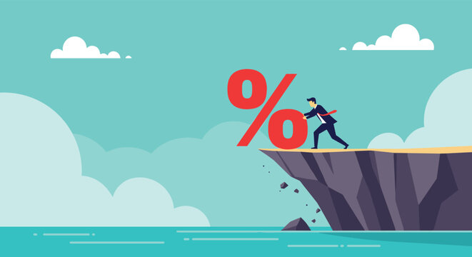 Determined businessman pushing a heavy red percentage symbol off a cliff to represent reducing interest rates or taxes.