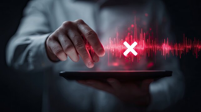 A hand hovers over a tablet displaying a red audio wave with a glowing X