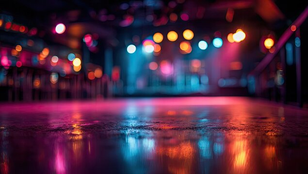 Vibrant Nightclub Dance Floor with Colorful Bokeh Lights.