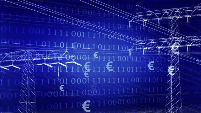 hight-voltage towers, binary code and euro signs isolated on dark blue background, digitalization and the costs of the power grid, symbolic concept for black out, technology and power business