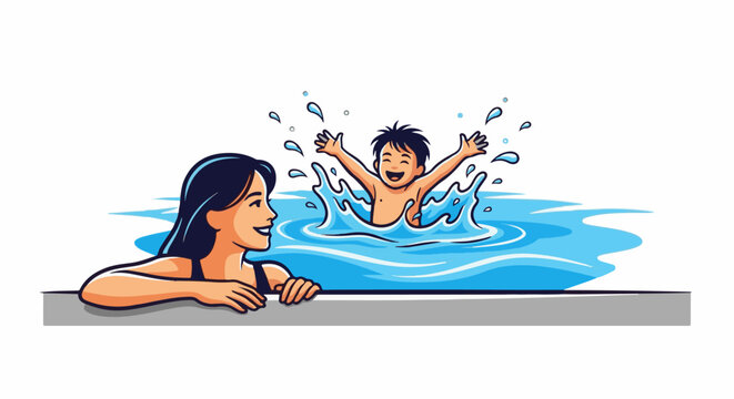 A woman smiles as a joyous child splashes in pool water