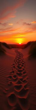 Warm sandy path disappearing into distance as sunset colors fade, serene, coastline