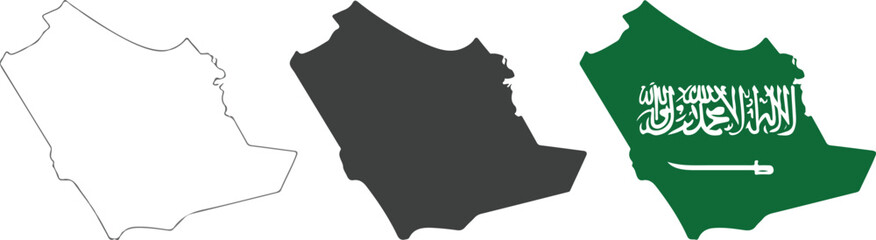 Saudi Arabia map set with outline silhouette and national flag design vector illustration for middle east geography and travel, © MSTSHELINA