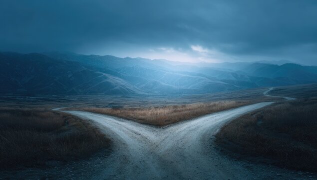 A fork in the road splits a dirt path through dry grass, leading to distant, misty mountains under a cloudy sky