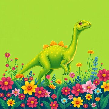 Vector illustration of a bright green hadrosaur surrounded by colorful flowers, || green, hadrosaur