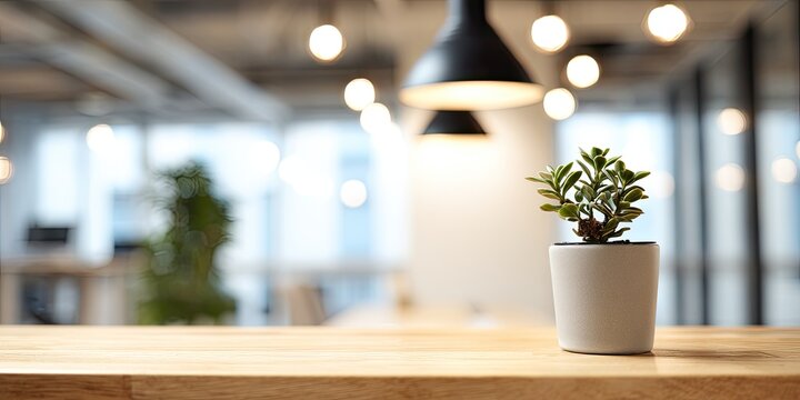 A small green plant in a pot on a wooden table in a modern office with hanging lamps.