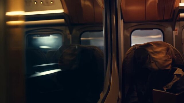 Tracking shot slow motion of passenger dozing with book by window inside regional train carriage during night journey