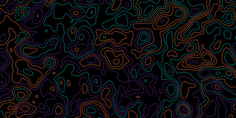Vector illustration. Abstract dark topographic map background with colorful contour lines. Minimalist geographic terrain pattern for modern dark mode web design. Liquid dynamic lines © Mah