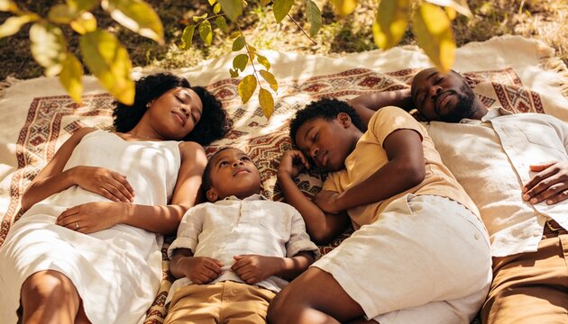 Black family lying on a patterned picnic blanket in a park. African American parents and two sons resting under a tree in dappled sunlight. Summer leisure and togetherness concept