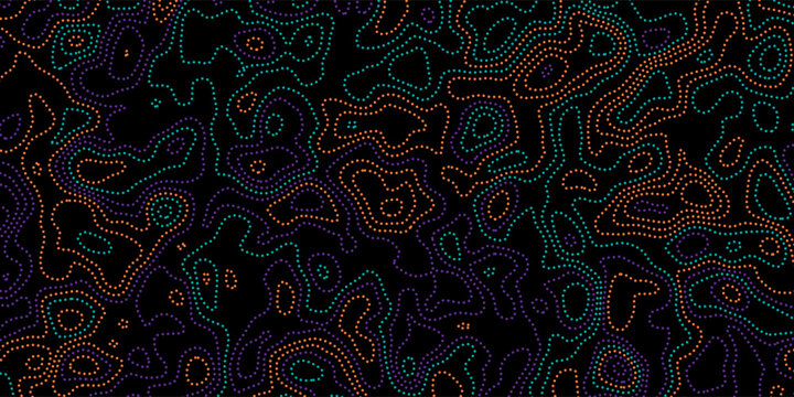 Vector illustration. Abstract dark topographic map background with colorful contour lines. Minimalist geographic terrain pattern for modern dark mode web design. Liquid dynamic lines