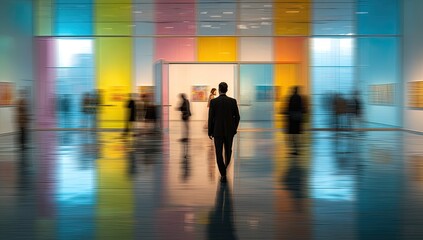 Fototapeta premium A lone figure walks through a brightly colored, modern art gallery exhibition