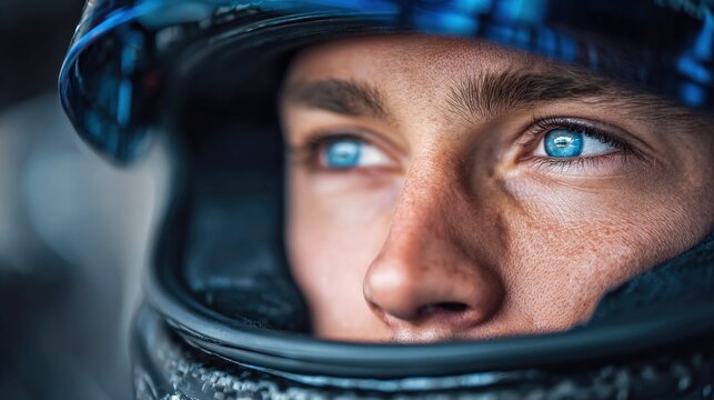 Close-up of a race car driver's eyes, intense focus and determination