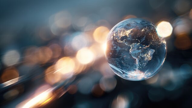 Glowing Earth against a blurred bokeh backdrop of city lights