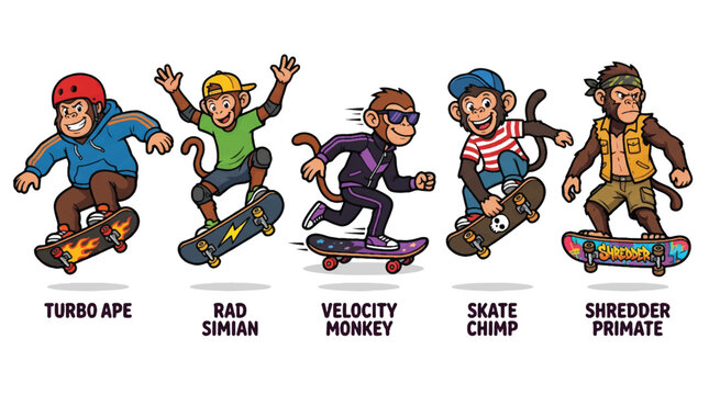 Cartoon monkeys skateboarding on white background