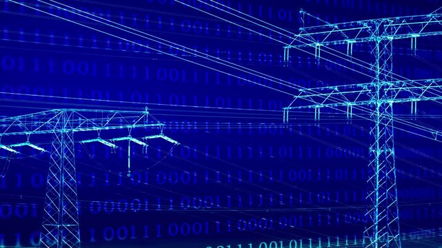 high-voltage tower with power grid lines and binary code isolated on dark blue background, digitization of electricity industry, business and technology, abstract graphical concept
