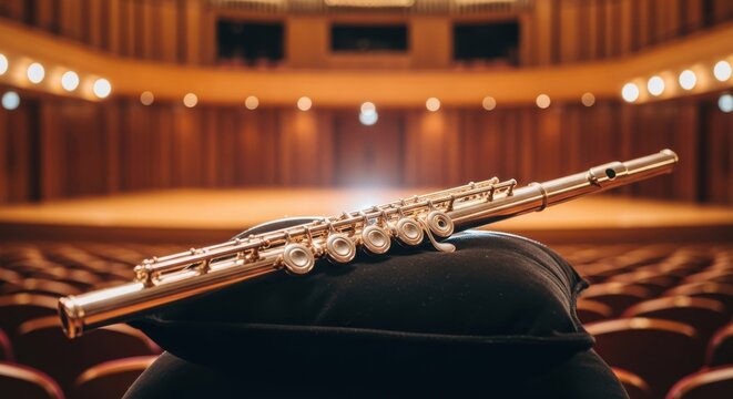 Polished silver flute with intricate keys resting on a dark surface in a softly lit concert hall