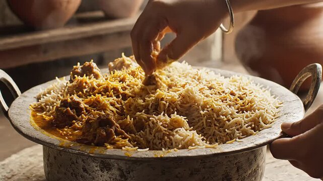 Hand mixing fragrant biryani in a rustic serving pan with warm steam and rich spices, close-up 4K kitchen footage