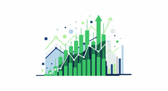 Abstract graphic depicting rising bar charts and line graphs with scattered circles