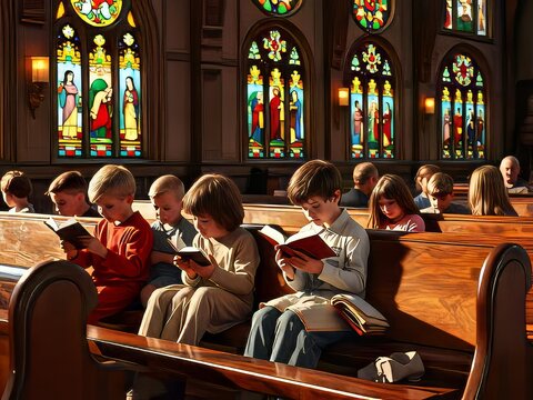 children sitting on church pews reading books.