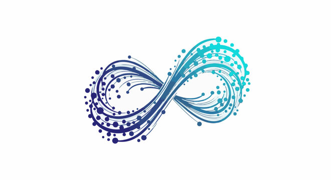 Abstract infinity symbol with flowing lines and dots in blue and teal hues