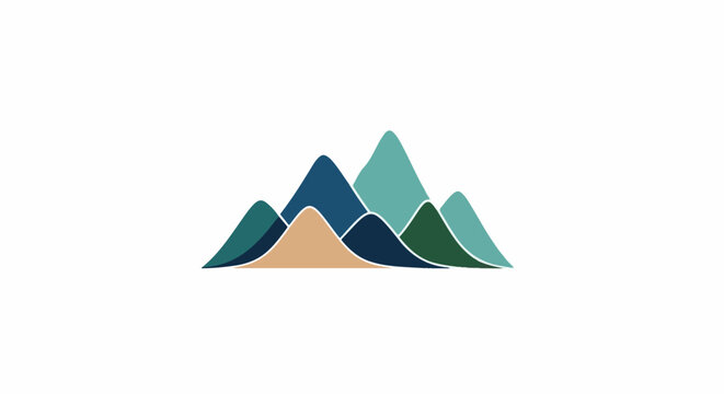 Abstract, overlapping, stylized mountains in various cool colors against a white background