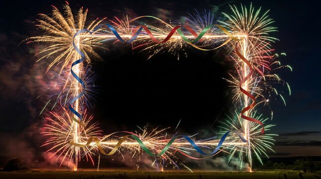 Colorful Fireworks Display Forming Heart Shape Over Night Sky Landscape