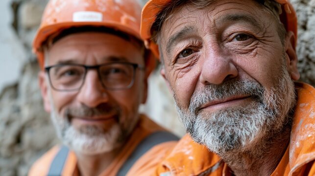 Zwei &auml;ltere M&auml;nner mit orangefarbenen Schutzhelmen und Schutzbrillen l&auml;cheln auf einer Baustelle.
