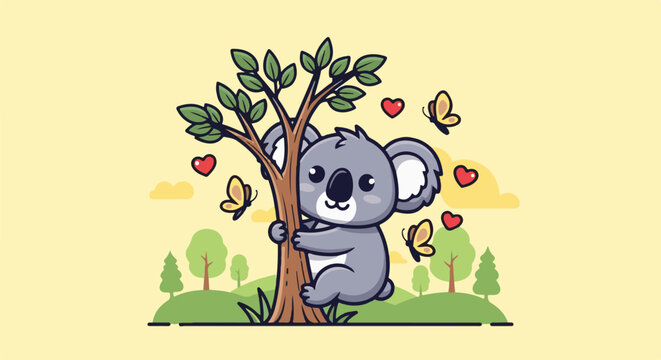 Adorable koala hugs a tree amidst butterflies and hearts, in a whimsical landscape