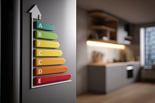 3D energy efficiency rating graph with colored bars leading to a modern kitchen