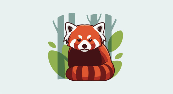 Adorable red panda sits among stylized trees and foliage, with a striped tail curled