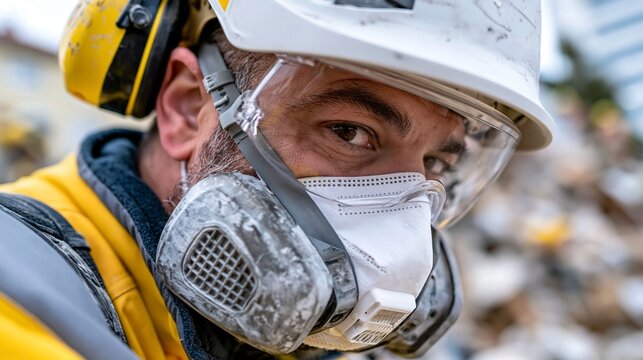 Ein Bauarbeiter mit wei&szlig;em Schutzhelm, Atemschutzmaske und Schutzbrille blickt konzentriert in die Kamera.